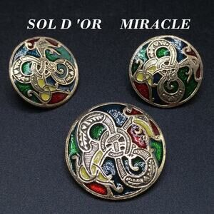 Vintage Celtic Design Miracle Brooch Pendant & Earrings Set Enamel Dragon